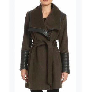 SOLD. Belle Badgley Mischka Women's Lorian Wool Coat Faux Leather Trim  L
